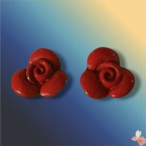 Vintage Enamel Rose Stud Earrings Red Hand Painted Floral Retro Jewelry 139